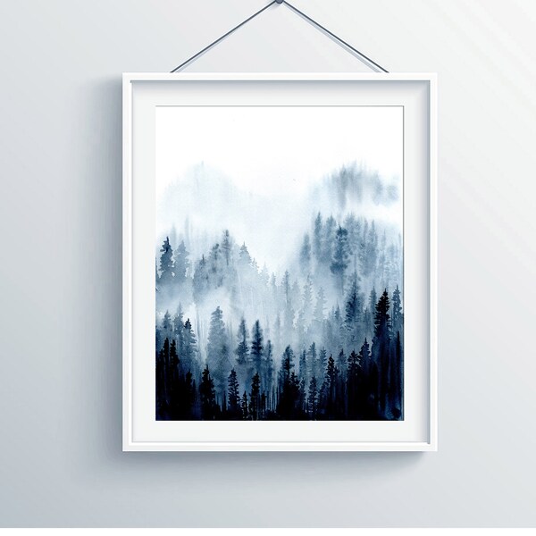 Originele aquarel schilderij, Handgemaakte Landschap schilderij, Misty boslandschap, huis geschenk, kunst aan de muur, interieur, huis cadeau