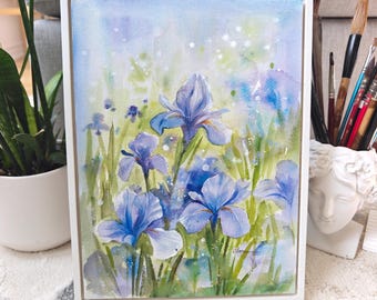 Hand-painted Original Iris Watercolor Painting: Framed Floral Wall Art, Ready To Hang, 9.5x12.5 inches