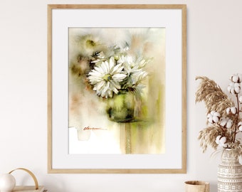 Original handmade watercolor painting, Vintage Daisies, flower painting, Botanical painting, wall art, home decor, house gift