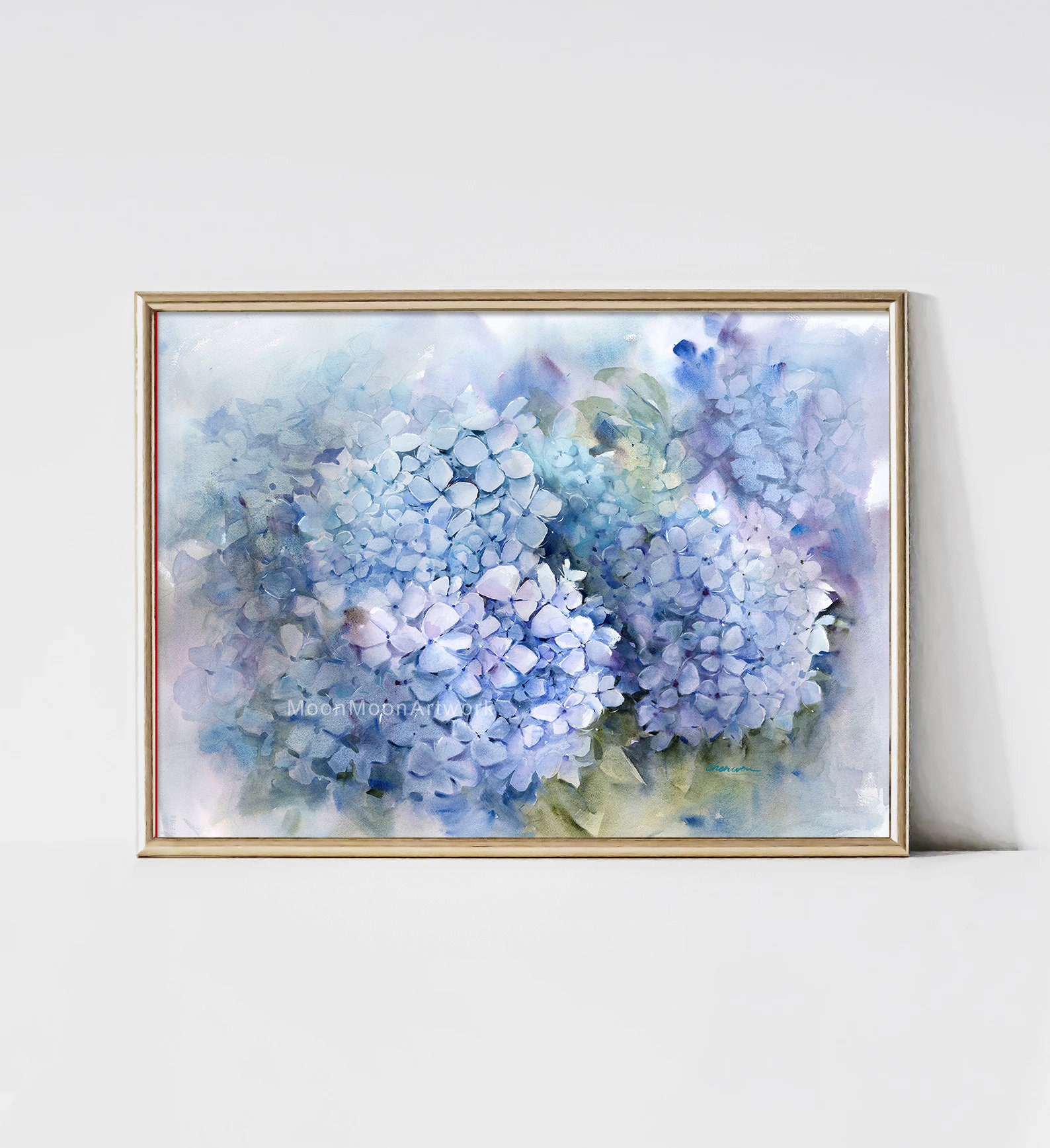 オリジナルのアジサイの水彩画：手作りの青い花の壁アート（22x30