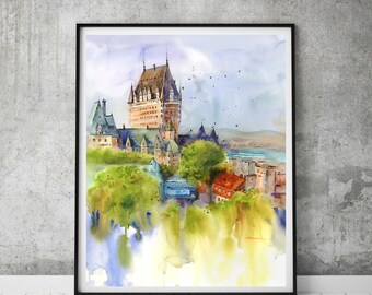 Original Landscape Watercolor Painting, Quebec City Painting, Cityscape Buildings Painting, Summer Art, House gift, Wall art, Home decor