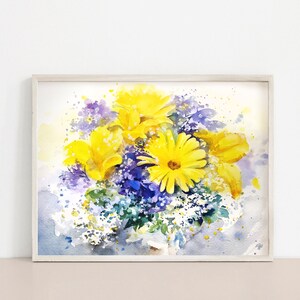 May include: A watercolour painting of a bouquet of yellow and blue flowers. The flowers are arranged in a vase and are surrounded by a white background.