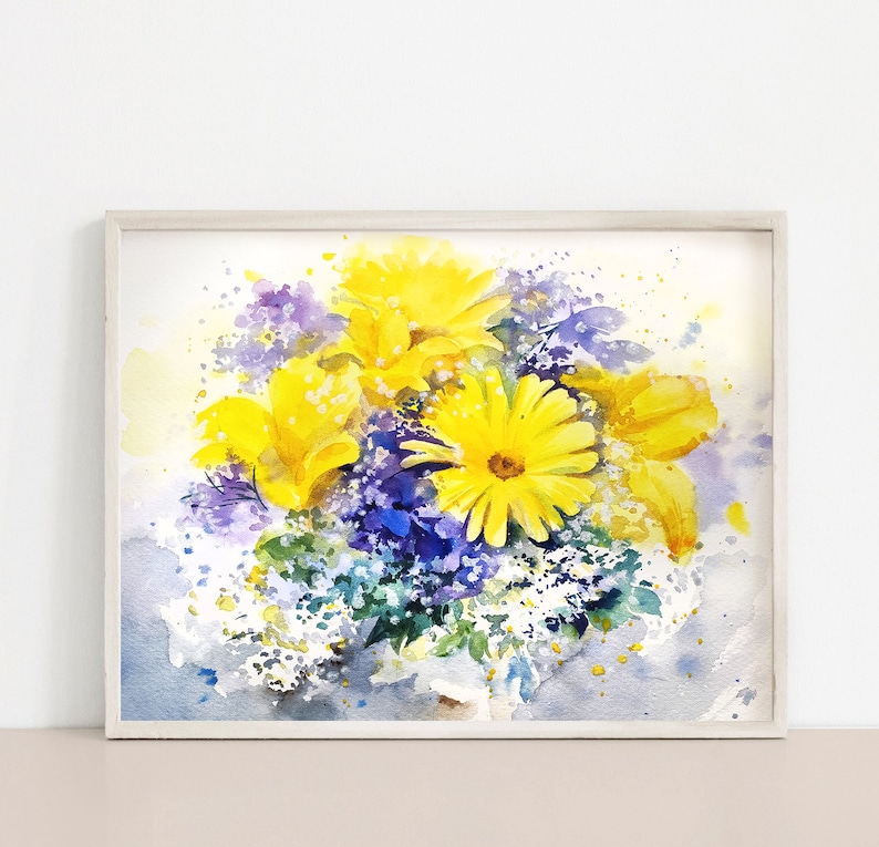 May include: A watercolour painting of a bouquet of yellow and blue flowers. The flowers are arranged in a vase and are surrounded by a white background.