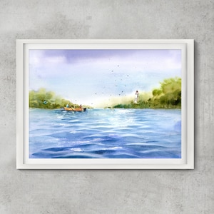 Original Kayak On Lake Aquarell Gemälde: Handgemachte Landschaftswandkunst