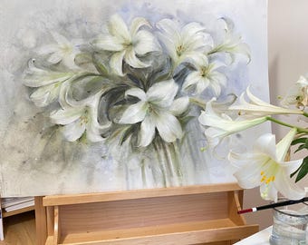 白いユリの日本画 シルバーフレーム付き オリジナル水彩画、白いユリ、11x15、220801 - Etsy 日本
