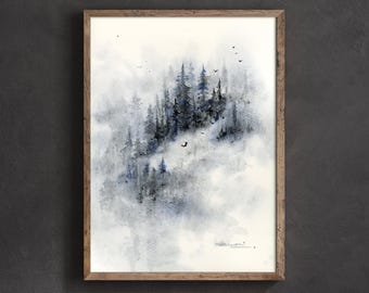 Original Watercolor Landscape Painting: Handmade Winter Wall Art, Misty Forest (9x12 inches)