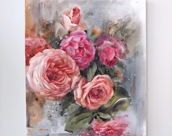 Hand-painted Original Rose Watercolor Painting: Framed Floral Wall Art, Ready To Hang, 11x14 inches