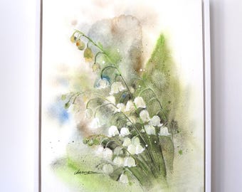 Original Lily Of The Valley Watercolor Painting, Botanical Floral Art on Paper, Mounted on Board, Ready to Hang, One of a Kind