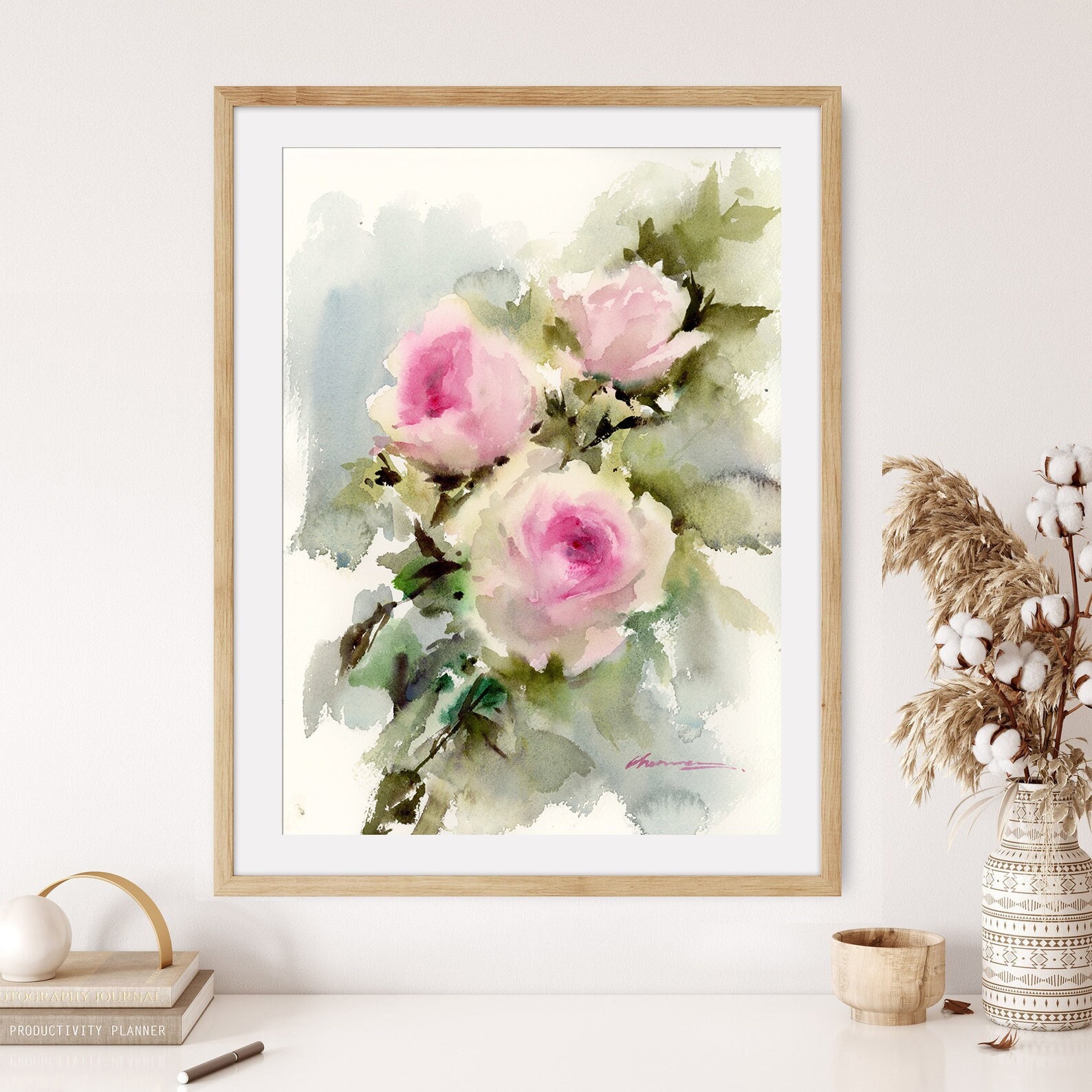 オリジナルのバラの水彩画：手作りの抽象的な花の壁アート - Etsy 日本