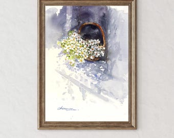 Original White Flowers watercolor painting, Hand-painted Botanical Wall Art,