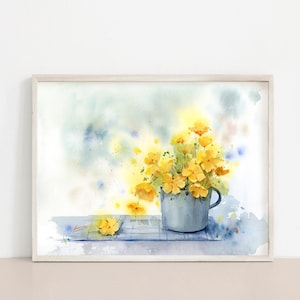 Original Tellow Blume Aquarell Malerei, handgemachte botanische Wandkunst