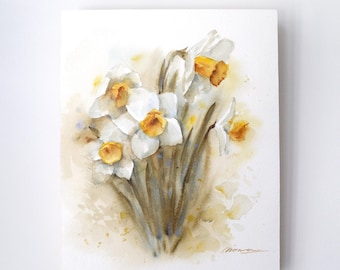 Original Daffodil Watercolor Painting, Botanical Floral Art on Paper, Mounted on Board, Ready to Hang, One of a Kind