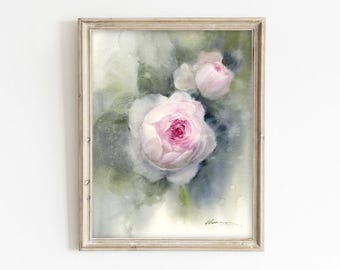 Original Pink Rose Watercolor Painting: Handmade Floral Botanical Art (9x12 inches)