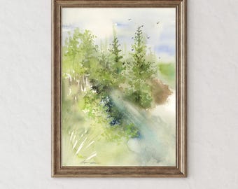 Original Waterfall Watercolor Painting: Handmade Landscape Wall Art