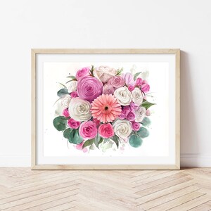 May include: A watercolour painting of a bouquet of pink, white and peach flowers. The flowers are arranged in a loose, natural style, and the painting has a soft, romantic feel.