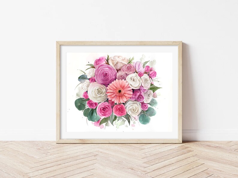 May include: A watercolour painting of a bouquet of pink, white and peach flowers. The flowers are arranged in a loose, natural style, and the painting has a soft, romantic feel.