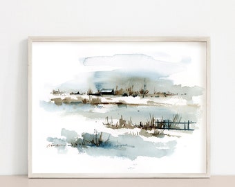 Original Landscape Watercolor Painting, Abstract Blue Grey Landscape Painting, Abstract Modern Artwork, House Gift, Wall Art, Home Decor