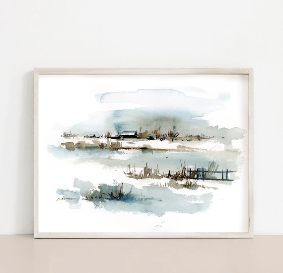 オリジナルの抽象風景画水彩画：ブルーグレーの壁アート - Etsy 日本
