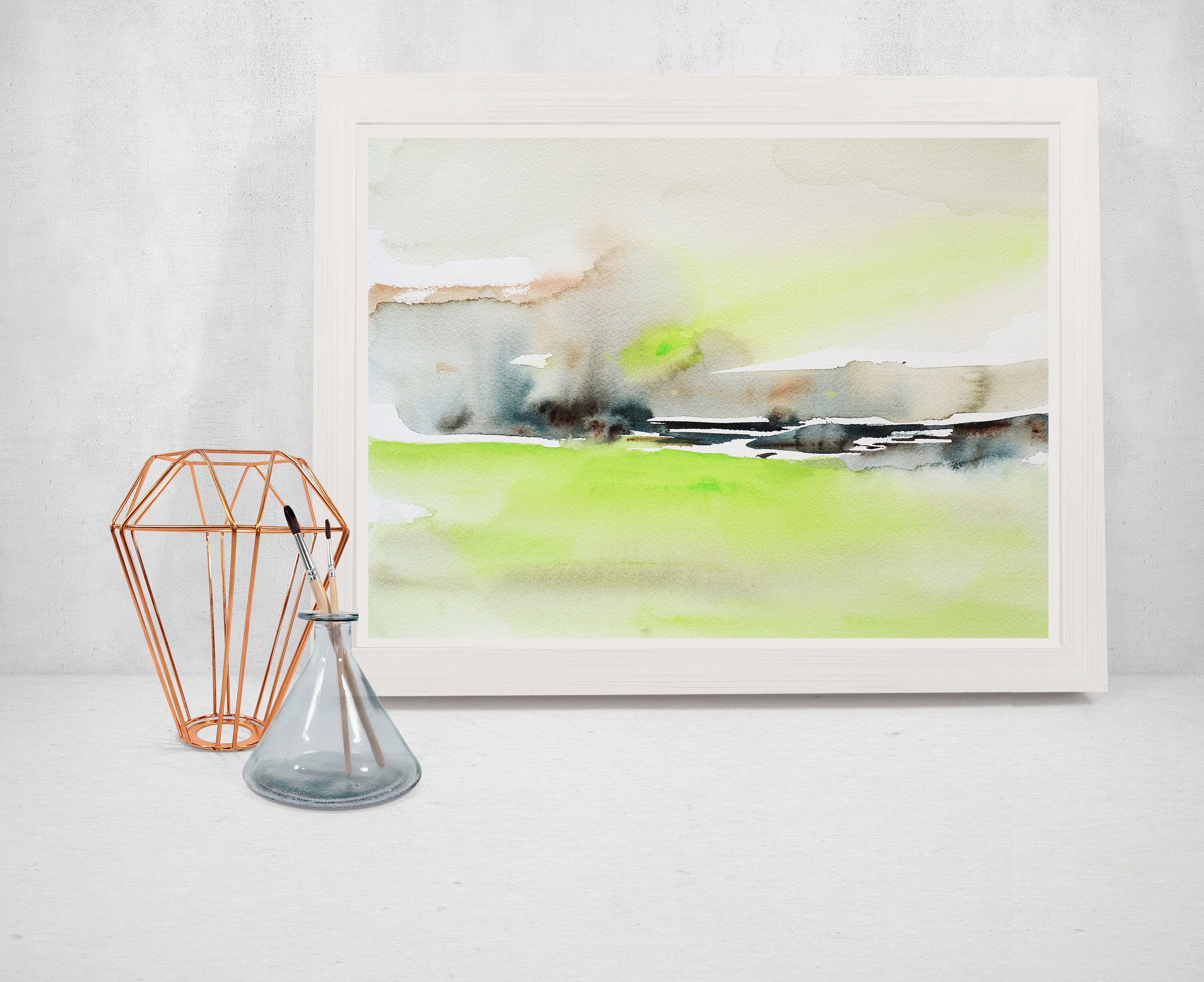 オリジナルの抽象的な緑の風景の水彩画（9x12インチ） - Etsy 日本