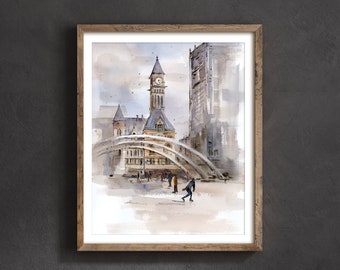 Original Artwork Cityscape Watercolor Painting from Artist| Skating at Toronto City Hall | Buildings Painting | Housewarming