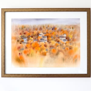 Original Autumn Village Watercolor Painting: Framed Landscape Art