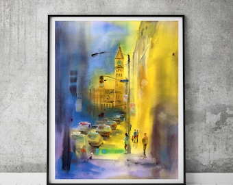 Original Cityscape Watercolor Painting, Toronto City Painting, Cityscape Buildings Painting, Day And Night At Bay St., House gift, Wall art