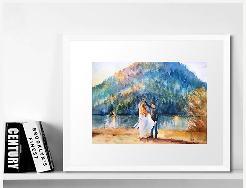 May include: A watercolor painting of a couple dancing in front of a lake and a mountain range. The couple is wearing casual clothing and the woman is wearing a white dress. The painting has a soft, romantic feel.