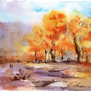 Aquarelle d'automne originale faite main, paysage d'automne, carte postale d'art, mini peinture de paysage, carte d'aquarelle, carte de voeux, cadeau