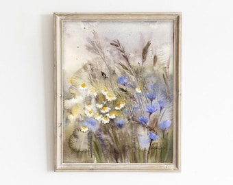 Original Wildflowers Watercolor Painting, Handmade Botanical Wall Art