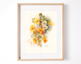 Original Handmade Watercolor Flowers Painting, Yellow Flowers Wall Art, Loose Painting, Botanical Painting, Home Decor, House Gift