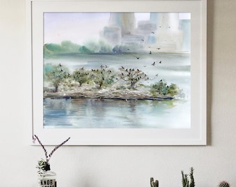 Original Watercolor Landscape Painting, Handmade Bird land Wall Art,