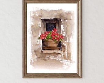 Original Watercolor Flower Painting: Hand-painted Wall Art, A Window With Flowers