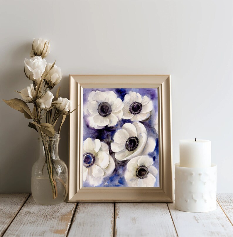 Original Anemones Watercolor Painting, Handmade Flowers Painting, Abstract Flower Wall Art, Botanical painting, Home decor, House gift image 2