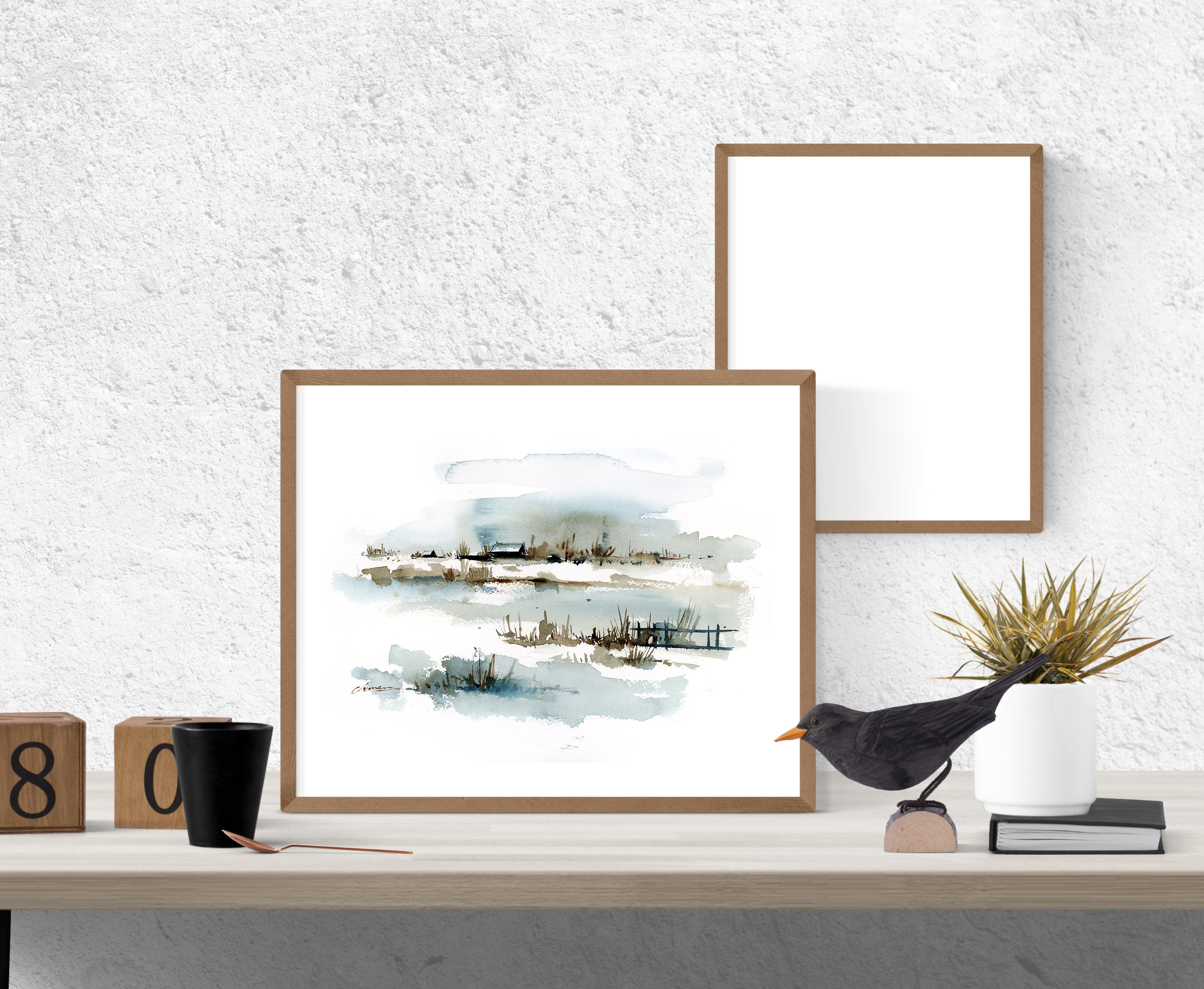 オリジナルの抽象風景画水彩画：ブルーグレーの壁アート - Etsy 日本