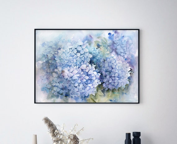 オリジナルのアジサイの水彩画：手作りの青い花の壁アート（22x30