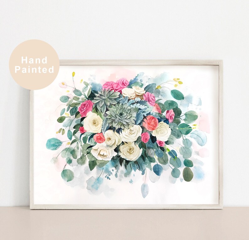 May include: A watercolour painting of a bouquet of white, pink and coral roses with green succulents and eucalyptus leaves. The flowers are arranged in a loose, flowing style, and the background is a soft blue watercolour wash.