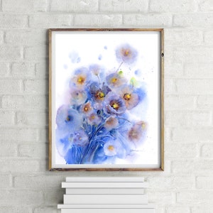 Original Mohnblume Aquarell Malerei, handgemachte Wandkunst, Ultramarine Blau