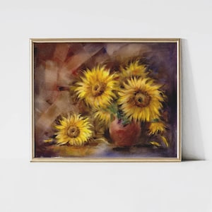 Original Sunflowers Watercolor Still Life Painting: Handmade Botanical Wall Art