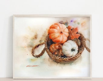 Original Fall Watercolor Painting, Handmade Autumn Pumpkins Art, Fall Home Decor, Halloween Wall Art, Orange Wall Art, Home Gift
