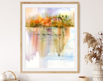 Original Landscape Watercolor Painting Wall Art, Autumn Scene Painting, Lake In Autumn Art, Orange Art, Wall art, Eaton Hall In Autumn Art