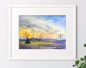 Original Watercolor Landscape Painting: Sunset Field Wall Art