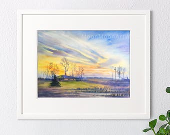 Original watercolor painting, Landscape painting, watercolor landscape, handmade, sunset painting, gift, wall art, home decor, free shipping