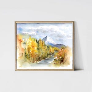 Original Art Landscape Watercolor Painting, Autumn Trees And Ice Mountain, Autumn In Banff