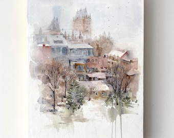 Original Landscape Watercolor Painting, Quiet City In Winter , 18x24 inches