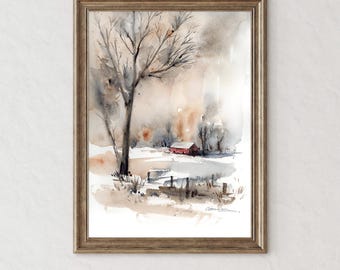 Original Winter Landscape Watercolor Painting: Farm House Wall Art (9x12 inches)