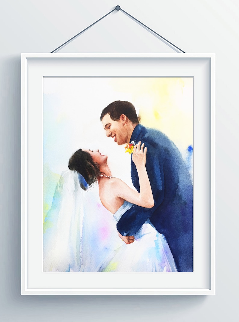 May include: A watercolor painting of a bride and groom embracing. The bride is wearing a white dress and veil, and the groom is wearing a blue suit. The couple is smiling and looking at each other.