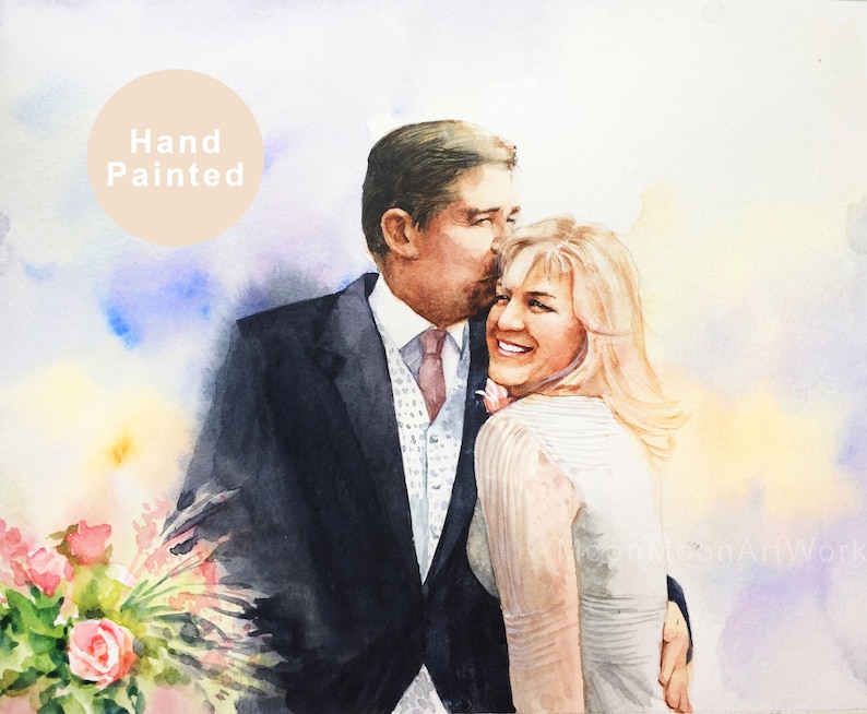 Real Watercolor Custom Couple Painting From Photo, Personalized Wedding Anniversary Gift, Art Commission, Couple Illustration image 1