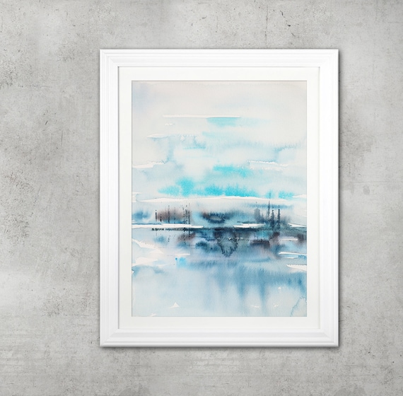 オリジナル抽象ブルー水彩画：手作り風景画（9x12インチ） - Etsy 日本
