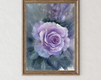 Original Purple Rose Watercolor Painting: Handmade Botanical Wall Art