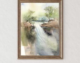 Original Waterfall Watercolor Painting: Handmade Landscape Wall Art